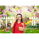 7X5Ft Spring Easter Garden Photography Backdrop Easter Backdrop Green Grass Lawn Pink Floral Fence Background Baby Children Birthday Party Decorations Banner