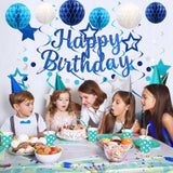 Birthday Decorations, No Diy, Pre-Strung Happy Birthday Banner With Honeycomb Balls, Hanging Swirls, Circle Dots Garland, Party Decorations For Women Men Boys Girls (Blue)