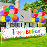 Large Colorful Happy Birthday Yard Banner Sign With Balloons 118 X 19.7 Inches Happy Birthday Yard Party Backdrop Banner For Outdoor Indoor Party Decorations With 2 Roll Ribbon