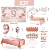9Th Birthday Decoration Set - Rose Gold Arch, Banner, Tablecloth, Tiara, 60 Latex Balloons