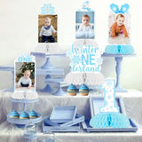 Winter Onederland 1st Birthday Party Decoration, 8pcs Winter Onederland Photo Honeycomb Centerpiece Blue Snowflake Table Topper for Winter Onederland One Year Old 1st Birthday Boy Decoration