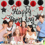 Pre-Strung Red & Black Birthday Decorations  Banner, Honeycomb Balls, Swirls and Garland – No DIY Needed
