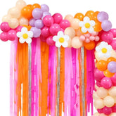 Groovy Balloon Arch Kit: Pink, Orange, Daisy Balloons with Fringe Backdrop