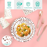 White And Rose Gold Party Supplies - 350 Pcs Disposable Dinnerware Set - White Paper Plates Napkins Cups, Gold Plastic Forks Knives Spoon For Graduation, Birthday, Cocktail Party
