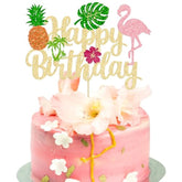 1Pc Tropical Luau Happy Birthday Cake Topper Glitter Palm Tree Flamingo Pineapple Aloha Cake Pick Decorations For Hawaiian Luau Theme Birthday Party Supplies