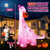 13FT Giant Halloween Inflatables Decorations Outdoor Pink Dinosaur, Huge Halloween Blow Up Yard Decorations Dino with Large Pumpkin Witch Hat Build-in LED Light Strong Blower for Party Lawn