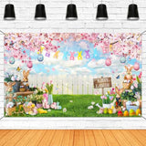 Happy Easter Backdrop Hello Spring Party Decorations Banner Easter Eggs Rabbit Grass For Festival Party Photography Background Supplies (Pink, 70.8 X 43.3 Inch)