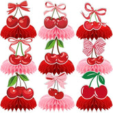 Cherry Birthday Party Decorations - 9 Pcs Pink Bow Honeycomb Centerpieces For Girls Women Sweet Cherries Table Ornaments Sets Happy Paper Fruit Theme Supplies Red Coquette Display Decors
