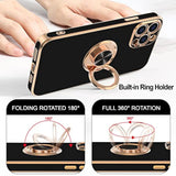Luxury iPhone 13 Pro Max Case with Rotatable Ring Holder and Magnetic Kickstand, Plated Rose Gold Edge, Slim Soft TPU Cover for Women and Men, Black