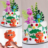 Clay Rainbow Dinosaur Cake Toppers w/ Eggs & Leaves Jungle Safari Party Decor