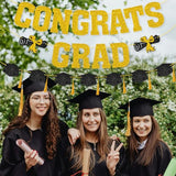 Congrats Grad Banner Sign Glitter Black Graduation Cap with Gold Tassel Garland for Congratulations Graduation Decorations Class of 2026 College High School Graduation Party Décor