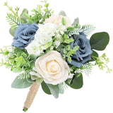 7 Inch Bridesmaid Bouquet Flowers - Artificial Bouquet For Bridesmaid Wedding Rustic Small Floral Centerpiece For Marriage Proposal Party Anniversary Dining Table Decor - Green & Dusty Blue