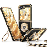 for Galaxy Z Flip 6 case with Stand,Z Flip 5 Phone Case with Double Ring & Strap,Women Girls Cute Love-Heart Luxury Bling Protective Cover