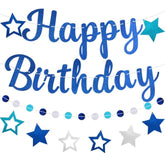 Pre-Strung Happy Birthday Banner, No Diy Birthday Decorations With Circle Dot Garland And Stars, Happy Birthday Party Decorations For Boys Men Girls Women (Blue)