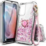 Compatible With Motorola Moto G-Play-2024 Case Rose Gold | Glitter Bling Sparkly Floating Liquid Cute Phone Cover With Tempered Glass Screen Protector/Ring Holder/Diamond Wrist Strap Lanyard