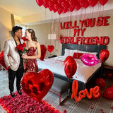 16 Inches Red 'WILL YOU BE MY GIRLFRIEND' Confession Letter Balloons with Heart-Shape, lips, love Foil Balloons and Rose Petals for Romantic Special Night Decorations and Valentines Day