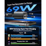 4-in-1 Retractable 66W Car Charger with 2 Cables for iPhone, Galaxy, Pixel