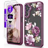 For Samsung Galaxy A25 5G Case+Tempered Glass Screen Protector,Military Grade Protective Slim Soft Tpu & Hard Pc,Girls Women Crystal Clear Flower Pattern Case Cover For A25 5G-Purple