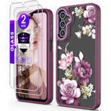 For Samsung Galaxy A25 5G Case+Tempered Glass Screen Protector,Military Grade Protective Slim Soft Tpu & Hard Pc,Girls Women Crystal Clear Flower Pattern Case Cover For A25 5G-Purple