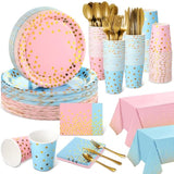256 Pcs Pink And Blue Gender Reveal Party Supplies Disposable Paper Plate Napkin Cup Gold Dot Plastic Tablecloth Fork Knives Spoon Serve 36 Guest For Easter Baby Shower Birthday Decoration