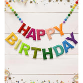 Happy Birthday Banner Felt Ball Garland Colorful Dainty Pre-Strung Rainbow Birthday Banner Reusable Happy Birthday Sign Photo Booth Props Primary Color Birthday Party Decoration For Kids Girls