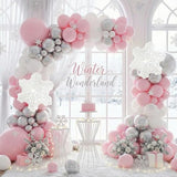 144PCS Pink Winter Balloon Arch Garland Kit with White Silver Snowflake Star Balloons for Winter Wonderland Girl Baby Shower, Baby Its Cold Outside Party, Christmas Decorations