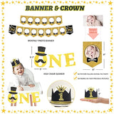 Mr Onederful 1St Birthday Decorations - Boy'S First Black Gold Little Man Party Decorations, Backdrop, Balloon, Photo, Highchair Banner, Box Cutout, Cake Topper, Crown, Poster