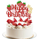 1Pc Strawberry Happy Birthday Cake Topper Red Glitter Flower Fruit Theme Birthday Berrry Cake Pick Decorations For Strawberry Theme Baby Shower Kids Birthday Party Cake Decorations Supplies