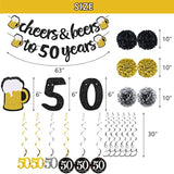 50th Birthday Banner for Men with Pom Poms and Hanging Swirls