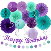 Teal-Purple Lavender Girl Mermaid-Birthday Party-Decorations - 21Pcs Happy Banner,Under The Sea Ocean Paper Lanterns Honeycomb Streamers,Tissue Pom Poms Flower Fan,Classroom Hanging Decor