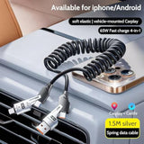 65W 4-In-1 Retractable Fast Charging Cable, 2M/6.5Ft Spring Coiled Usb-C To L/Usb-C/Usb-A Multi-Device Cord For Iphone 15/14/13, Ipad, Samsung, Macbook, Laptop, Car, Tablet (2)
