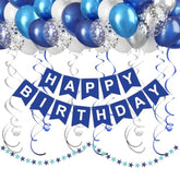 Blue & White Happy Birthday Set — Banner, Swirls, Dots, Balloons for Party