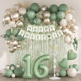 73Pcs Sweet 16 Party Decorations, 16 Birthday Decorations For Girls With 16Th Birthday Banner 16 Balloon Number Fringe Curtain Sage Green Sand White Gold Balloons For Sweet 16 Birthday Decorations
