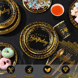 352 Pcs Black And Gold Plates Napkins Cups Tablecloths Forks Knives Spoons Serve 50 Guests Gold Dot Plastic Party Supplies Disposable Party Dinnerware Set For Birthday Wedding Decorations