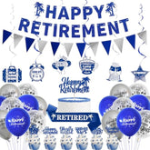 Retirement Party Decorations For Men Women, Blue Silver Happy Retirement Banner Balloons Cake Topper Hanging Swirls Kit, Blue Retired Sash For Coworker, Office Retired Party Supplies