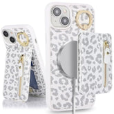 For Iphone 15 Phone Case With Card Holder With Compatible Magsafe Magnetic, Key Chain Pu Leather Flip Kickstand Detachable 2-In-1 Wallet Case For Apple15 Women Men-White Leopard