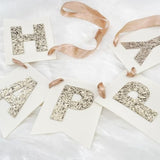 Felt Happy Birthday Banner With Glitter Letters, Cream White Boho Groovy Garland, Reusable Gold Glitter Sign, Thick Felt Bunting Decor For 1St Sweet 16 21St 30 40 50 60 70 Birthday Party