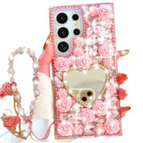 For Samsung Galaxy S25 Ultra Glitter Bling Case,Cute 3D Sparkle Heart Makeup Mirror Crystal Rhinestone Flowers Diamond Gems With Lanyard Wrist Strap Women Girls Case For Galaxy S25 Ultra,Pink