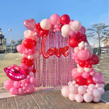 Galentines Day Balloon Garland Arch Kit Red Hot Pink And Macaron Pink Balloons With Heart Lip Balloons Curtains Backdrop For Girls Valentine'S Day Galentines Day Party Anniversary Party Decoration