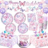 Butterfly Birthday Decorations, Girls Birthday Supplies - Plates, Napkins, Cups, Cutlery, Cake & Cupcake Toppers, Banner, Hanging Swirls, Tablecloth, Balloons For Butterfly Party Decorations, Serve 20