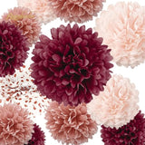 Bachelorette Party Decorations - 15Pcs Burgundy Rose Gold Tissue Pom Poms Circle Dots Polka Dot Kit For Valentines, Engagement, Wedding, Bridal Shower, Burgundy Birthday Decorations