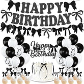 Black Bow Birthday Party Decorations, Girl Bow Birthday Decortions, Black White Balloons, Bows Banner Garland, Bows Cake & Cupcake Toppers And Satin Ribbon For Bow Party Decor
