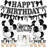 Black Bow Birthday Party Decorations, Girl Bow Birthday Decortions, Black White Balloons, Bows Banner Garland, Bows Cake & Cupcake Toppers And Satin Ribbon For Bow Party Decor
