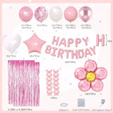 Pink Birthday Party Decorations, Pearl White Pink Metallic Pink Flower Foil Balloons Birthday Banner Butterfly Fringe Curtains Decorations For Women Girls Party Supplies