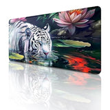 White Tiger Large Mouse Pad Wildlife Animals Mousepad Aesthetic Lotus Flower Desk Mat For Keyboard And Computer Pad Rubber Non-Slip For Gaming Home Office Supplies For Desk 23.6 X 11.8 Inch