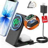 Magnetic Wireless Charging Station for : Upgraded Certified 15W 3-in-1 Magsafe Wireless Charger Stand, Foldable Travel Fast Charger for iPhone