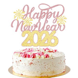 Happy New Year 2026 Cake Topper Gold Rose Glitter Party Decorations