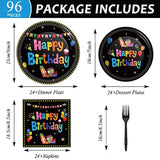 96PCS Colorful Black Birthday Tableware Set for 24 Guests, Plates, Napkins & Forks