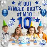Blue 10Th Birthday Decorations Boys, Out Single Digits I'M 10 Banner, Happy 10Th Birthday Decorations For Boys, Double Digits Party Supplies Cake Topper Number 10 Balloon 10 Party Supply