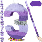 20 Inch Number 3 Piñata Purple Silver With 30 Inch Piñata Stick Blindfold Confetti For Boy Girl Kids Birthday Party Decorations, Anniversary Celebration, Fiesta